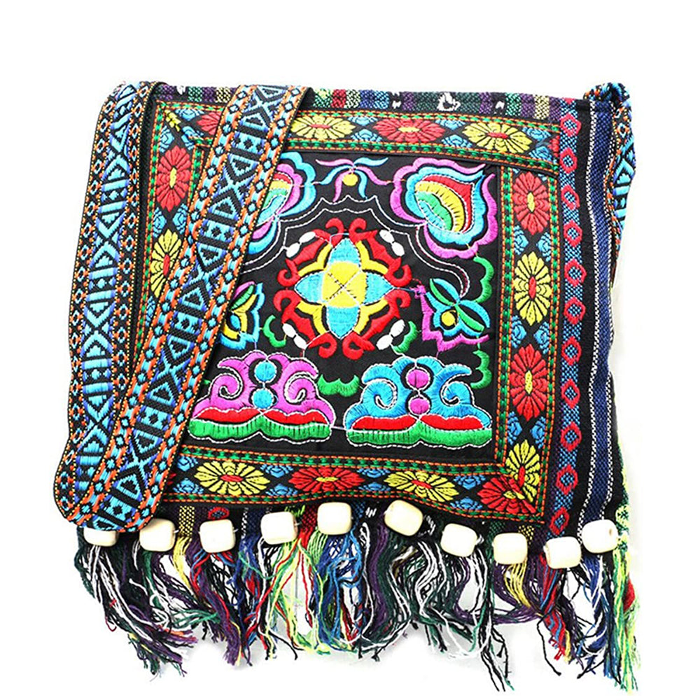 Vintage Bohemian Women's Crossbody Bag - Hippie Purse with Zipper Closure, Tassel Accents, Foldable Compact Design for Festival, Travel, Everyday