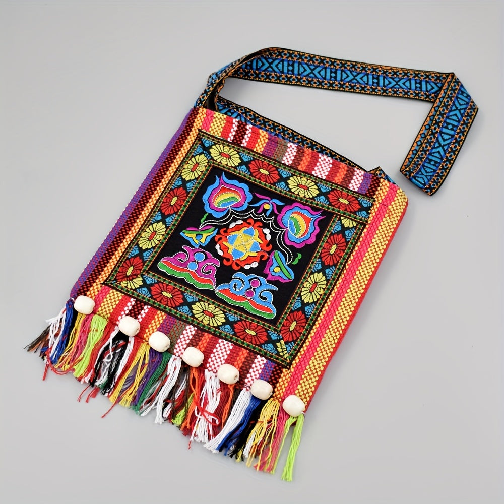 Vintage Bohemian Women's Crossbody Bag - Hippie Purse with Zipper Closure, Tassel Accents, Foldable Compact Design for Festival, Travel, Everyday