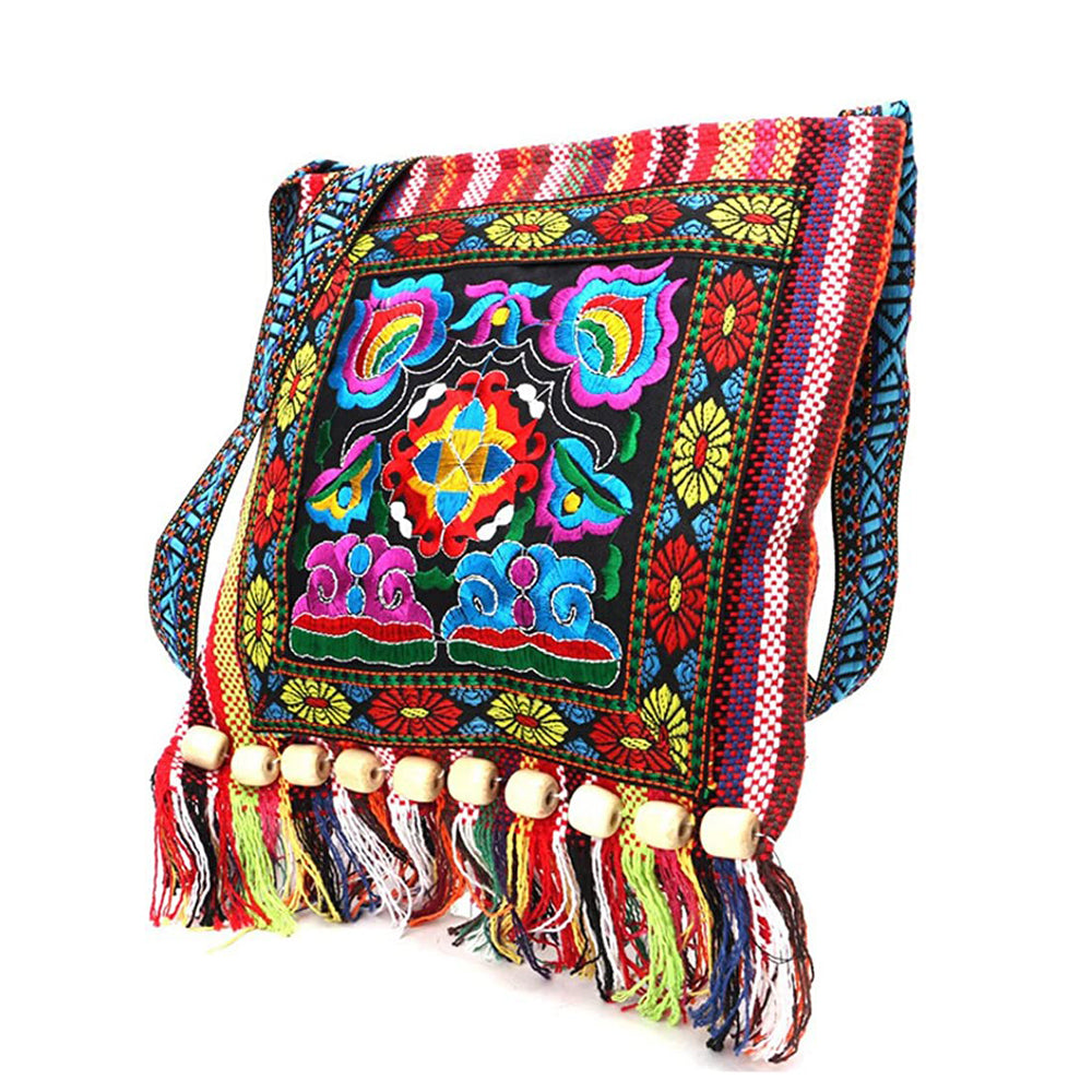 Vintage Bohemian Women's Crossbody Bag - Hippie Purse with Zipper Closure, Tassel Accents, Foldable Compact Design for Festival, Travel, Everyday