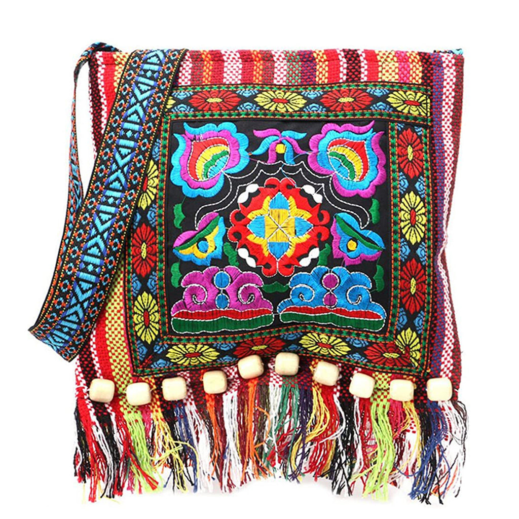 Vintage Bohemian Women's Crossbody Bag - Hippie Purse with Zipper Closure, Tassel Accents, Foldable Compact Design for Festival, Travel, Everyday