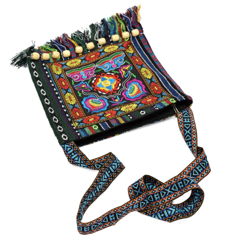 Vintage Bohemian Women's Crossbody Bag - Hippie Purse with Zipper Closure, Tassel Accents, Foldable Compact Design for Festival, Travel, Everyday