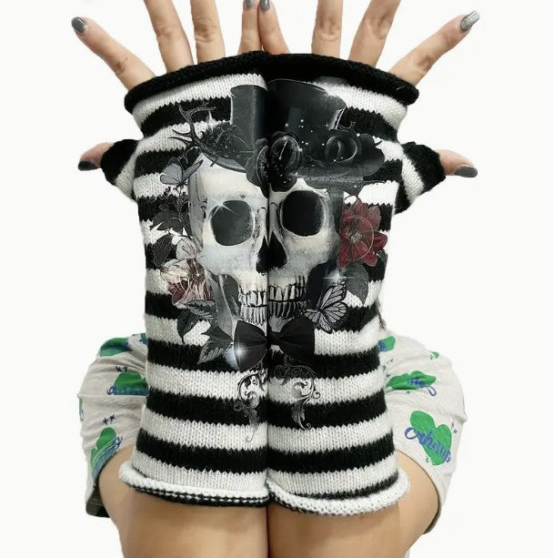 Halloween Skull Top Hat Striped Knit Arm Warmers