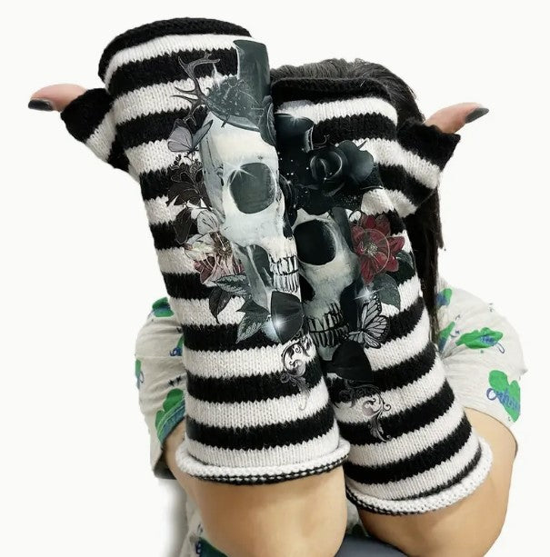 Halloween Skull Top Hat Striped Knit Arm Warmers