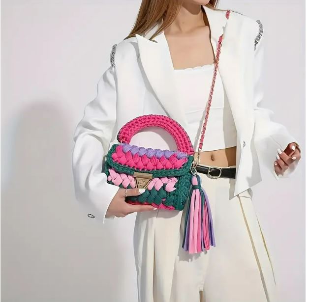 Women's Purses Fabric Woven Bag Summer Bright Color Splicing Chain Tassel Pure Handmade Crochet Bag Luxury Designer Handbag