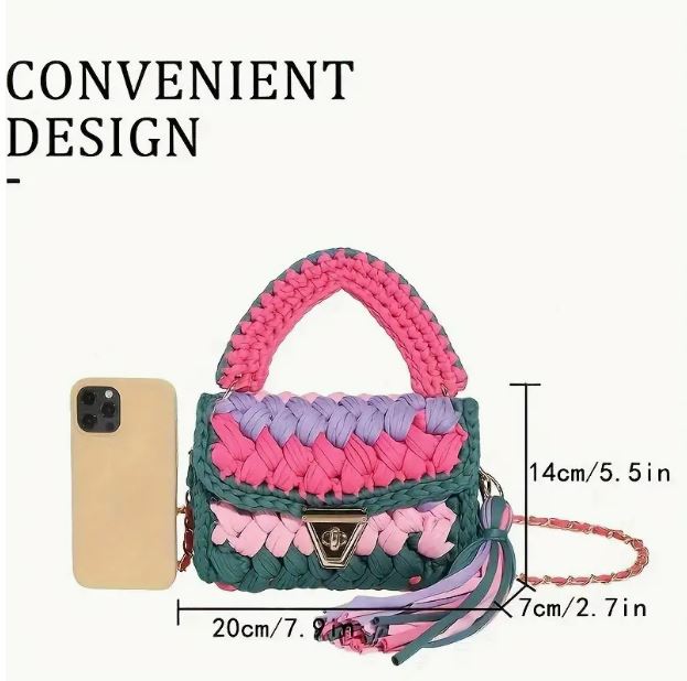 Women's Purses Fabric Woven Bag Summer Bright Color Splicing Chain Tassel Pure Handmade Crochet Bag Luxury Designer Handbag