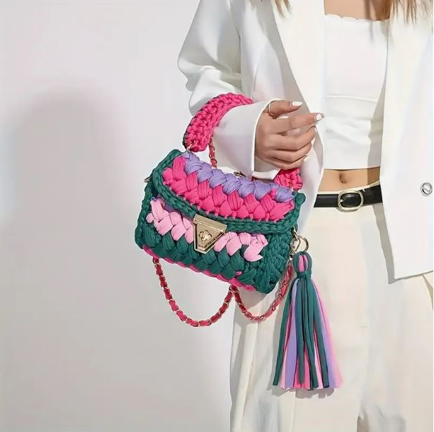 Women's Purses Fabric Woven Bag Summer Bright Color Splicing Chain Tassel Pure Handmade Crochet Bag Luxury Designer Handbag