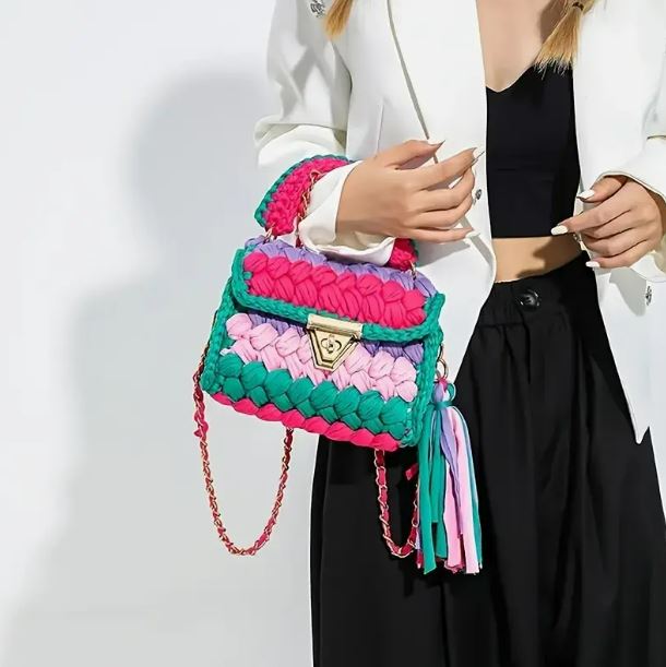 Women's Purses Fabric Woven Bag Summer Bright Color Splicing Chain Tassel Pure Handmade Crochet Bag Luxury Designer Handbag