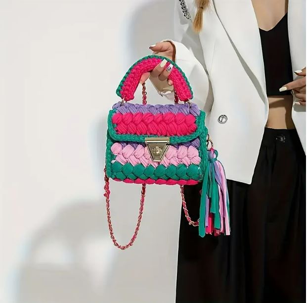 Women's Purses Fabric Woven Bag Summer Bright Color Splicing Chain Tassel Pure Handmade Crochet Bag Luxury Designer Handbag