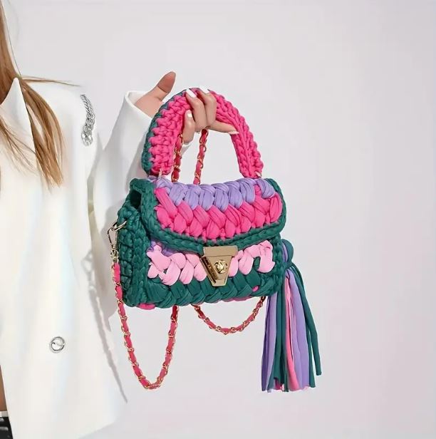Women's Purses Fabric Woven Bag Summer Bright Color Splicing Chain Tassel Pure Handmade Crochet Bag Luxury Designer Handbag