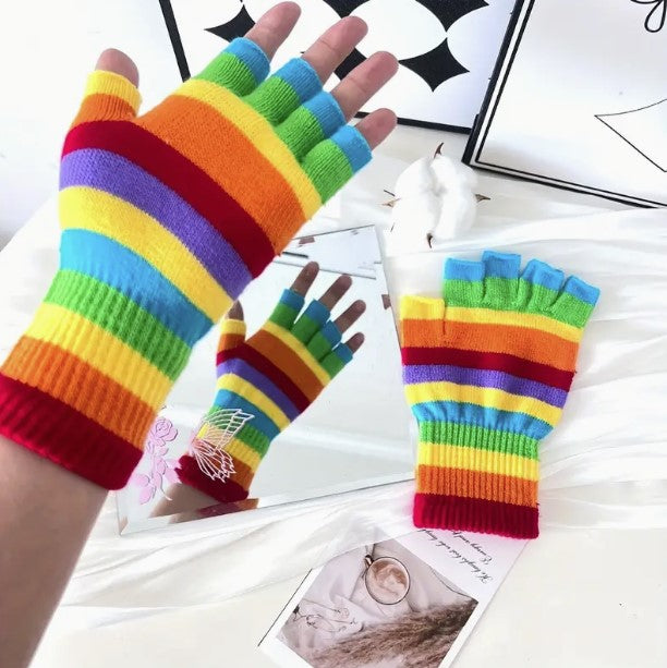 Rainbow Striped Cotton Knitted Gloves
