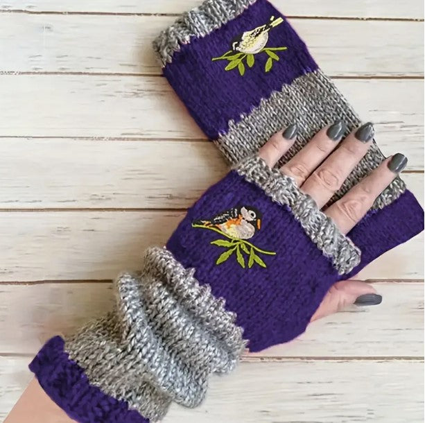 Half Finger Gloves Bird Embroidery Warmer Knit Gloves Vintage