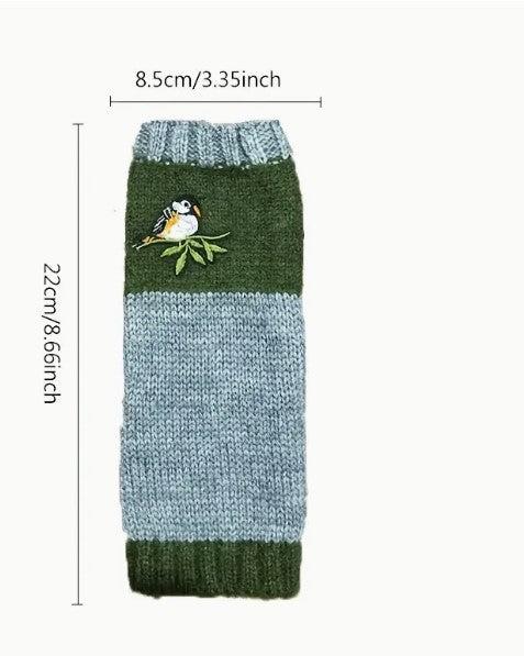 Half Finger Gloves Bird Embroidery Warmer Knit Gloves Vintage