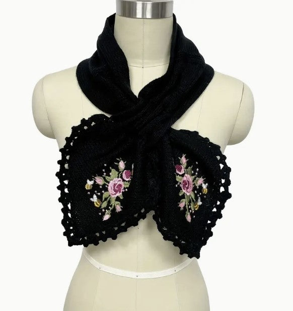 Vintage Flower Embroidered Knit Scarf, Elegant Hollow Out Cross Scarf Women's Autumn