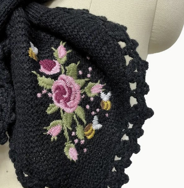 Vintage Flower Embroidered Knit Scarf, Elegant Hollow Out Cross Scarf Women's Autumn