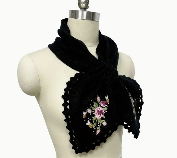 Vintage Flower Embroidered Knit Scarf, Elegant Hollow Out Cross Scarf Women's Autumn