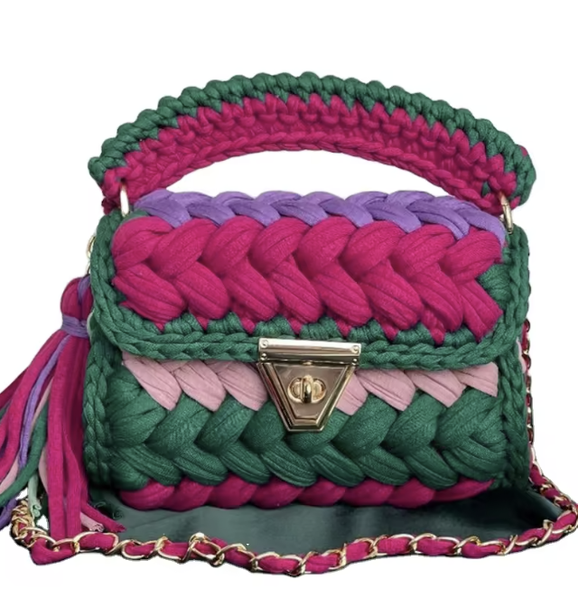 Women's Purses Fabric Woven Bag Summer Bright Color Splicing Chain Tassel Pure Handmade Crochet Bag Luxury Designer Handbag
